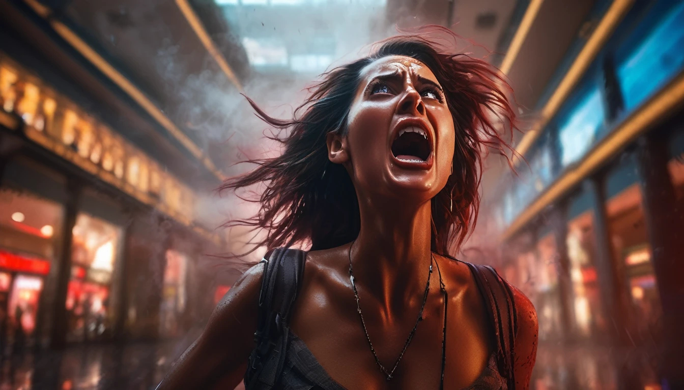 a woman screaming in terror, liquid metal coalescing into a bloodthirsty demon, busy shopping mall, hyper realistic, cinematic lighting, dramatic shadows, volumetric fog, vibrant colors, unreal engine, photorealistic, detailed facial features, expressive eyes, highly detailed, 8k, masterpiece, cinematic composition, dramatic atmosphere, intense contrast, moody lighting
