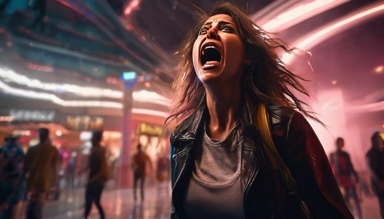 a woman screaming in terror, liquid metal coalescing into a bloodthirsty demon, busy shopping mall, hyper realistic, cinematic lighting, dramatic shadows, volumetric fog, vibrant colors, unreal engine, photorealistic, detailed facial features, expressive eyes, highly detailed, 8k, masterpiece, cinematic composition, dramatic atmosphere, intense contrast, moody lighting
