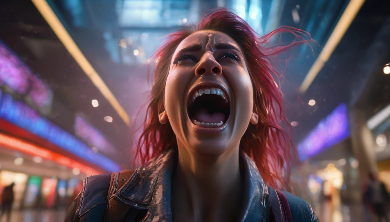 a woman screaming in terror, liquid metal coalescing into a bloodthirsty demon, busy shopping mall, hyper realistic, cinematic lighting, dramatic shadows, volumetric fog, vibrant colors, unreal engine, photorealistic, detailed facial features, expressive eyes, highly detailed, 8k, masterpiece, cinematic composition, dramatic atmosphere, intense contrast, moody lighting