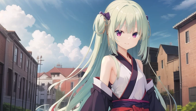 ((masterpiece)),(best quality),Official Art,Extremely detailed CG,Unity 8k Wallpaper,Super detailed,Beautiful and delicate eyes,Extremely detailed face,1 girl,solitary,,(whole body:1.5),(small:1.3),Smile,,Murasame,Very long hair,Green Hair,Face Up,Purple bow,hairpin,Side chains,Bangs,Red Eyes,Neck strap,Red belt,Elegant and beautiful，Long-sleeved hanfu，Long Ming-style top with a horse-faced skirt，Solid color stand collar long shirt and solid color skirt，The only decoration in the whole look is the cloud shoulder，And the style of this cloud shoulder is also relatively simple，Very simple and natural
