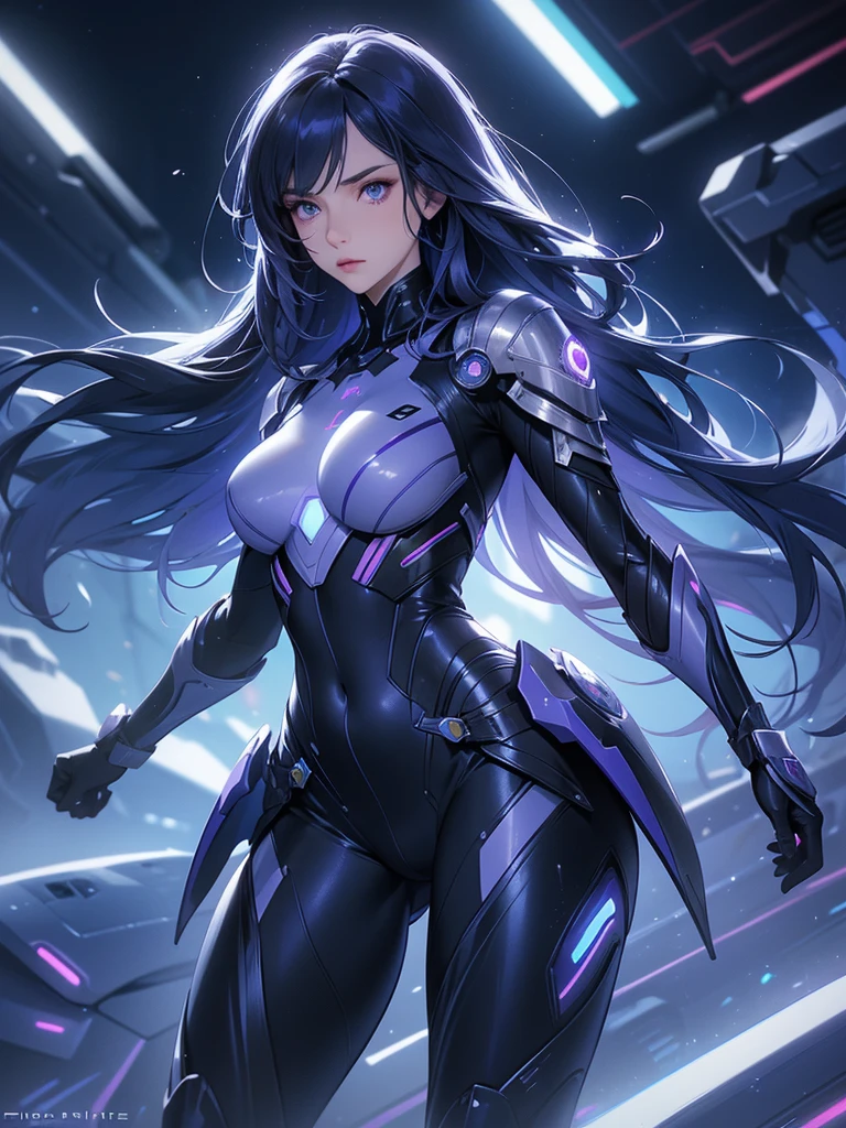 (best quality,realistic:1.37), solo female, full-body, long darkblue hair, purple eyes, emotionless expression, perfect face, bodysuit armor, white glowing parts, sci-fi style, vibrant colors, futuristic lighting, detailed hair strands, metallic texture, sleek design, dynamic pose