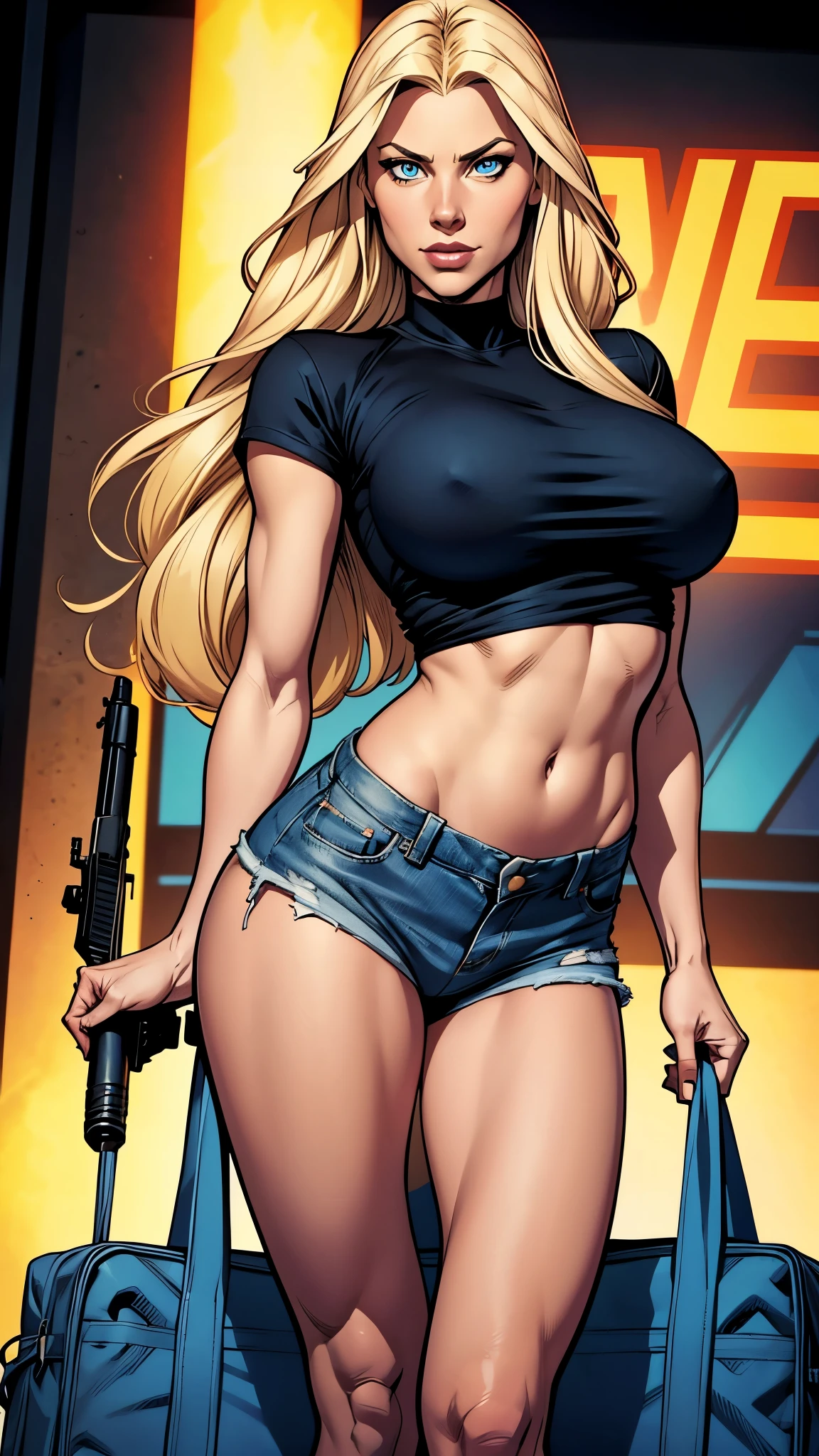 Only one woman with long straight light blonde hair. Bright and expressive blue eyes. She opted black shirt, kitbag, weapon ak-45 in her arm, big hip, long legs. Busty. Beautiful woman. Comic style, marvel comics. Sexy small denim shorts