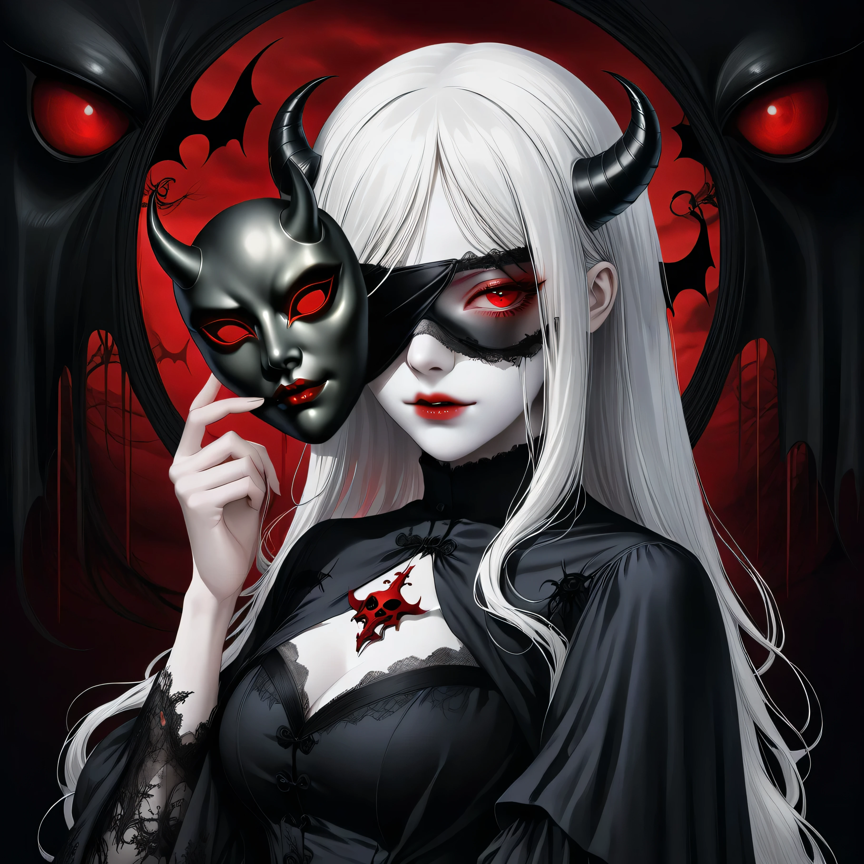 （Holding a mask in hand：1.5），（White-haired ghost wearing an eyepatch，straight hair，red eyes），（gothic art），（The devil is behind her），（fear：1.5），（Correct human ???????：1.37）