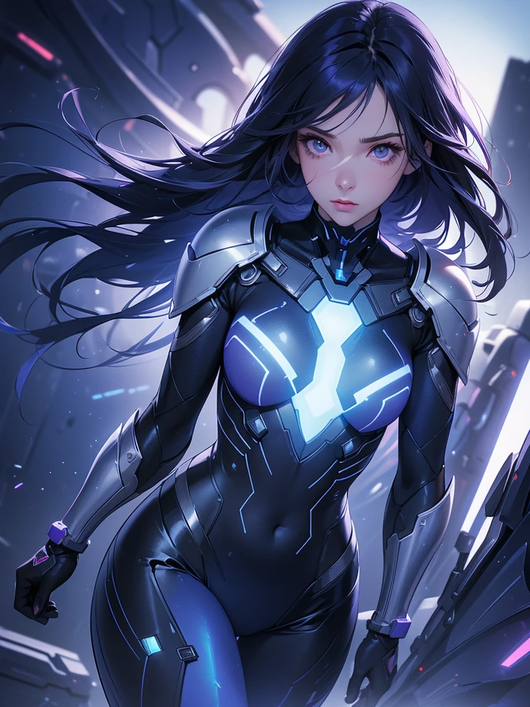 (best quality,realistic:1.37), solo female, full-body, long darkblue hair, purple eyes, emotionless expression, perfect face, bodysuit armor, white glowing parts, sci-fi style, vibrant colors, futuristic lighting, detailed hair strands, metallic texture, sleek design, dynamic pose