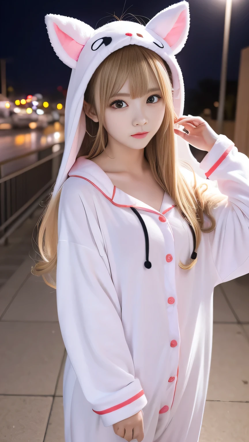 Kigurumi Costume Pajamas、Sexy Big 、A cute -yeld giwith a sexy and cute look, beautiful and sexy face、A strong wind blows my hair in front of my face、With straight blonde hair、beautiful, Cute and sexy eyes hidden behind long bangs、Costume pajamas