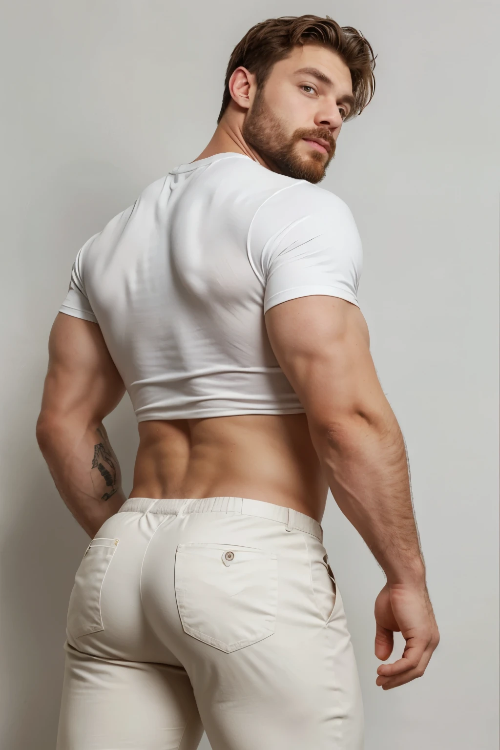 Un hombre con la cara se parece a braden werch., Su cuerpo es musculoso y pe barba dentada. Full body. Camisa Fajada,((big butt)), backside manly, brown trouser