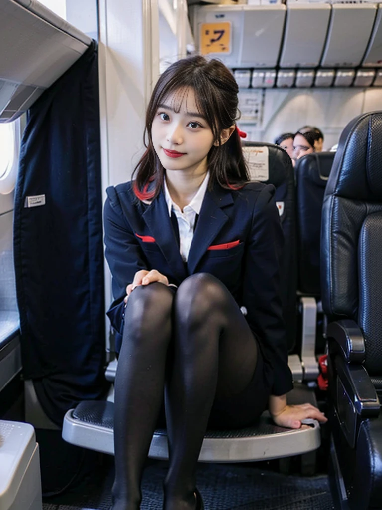masterpiece, best quality, 1 girl, solo, 20 years old, small breasts, Perfect Face, beautiful, extremely long hair, jal uniform, airplane interior, black pantyhose, looking through legs, from below,japanese,