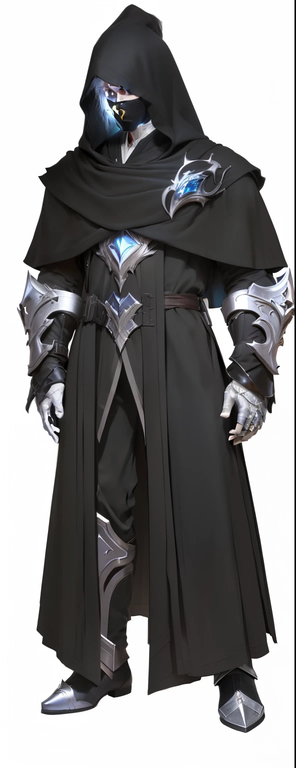 A black fighter,Red crystal gemstones,silvery metal,Pleated detailing,Pattern details,Fabric texture,silvery,robe,League of Legends ,Whole body concept, , noble elf male in black robe, Extremely high detail,Metallic luster,4K,High precision