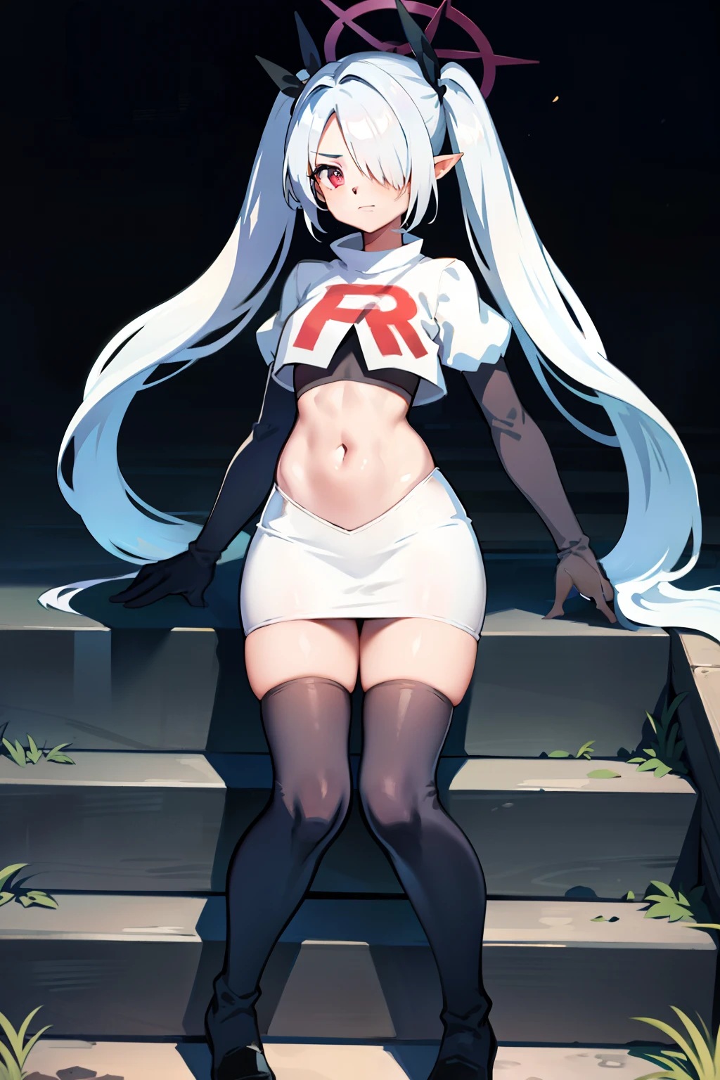 (masterpiece), 1girl, hair over one eye,magical world, shiny steps, beautiful sky, stars, jupiter, ioridef, team rocket,team rocket uniform,white skirt,red letter R,crop top,black thigh-highs,black elbow gloves