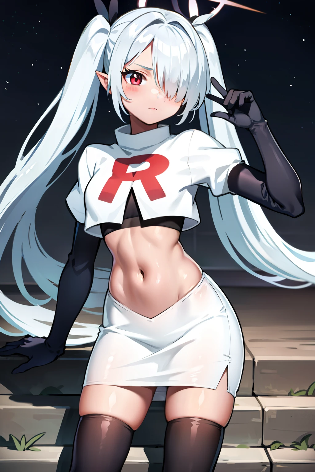 (masterpiece), 1girl, hair over one eye,magical world, shiny steps, beautiful sky, stars, jupiter, ioridef, team rocket,team rocket uniform,white skirt,red letter R,crop top,black thigh-highs,black elbow gloves