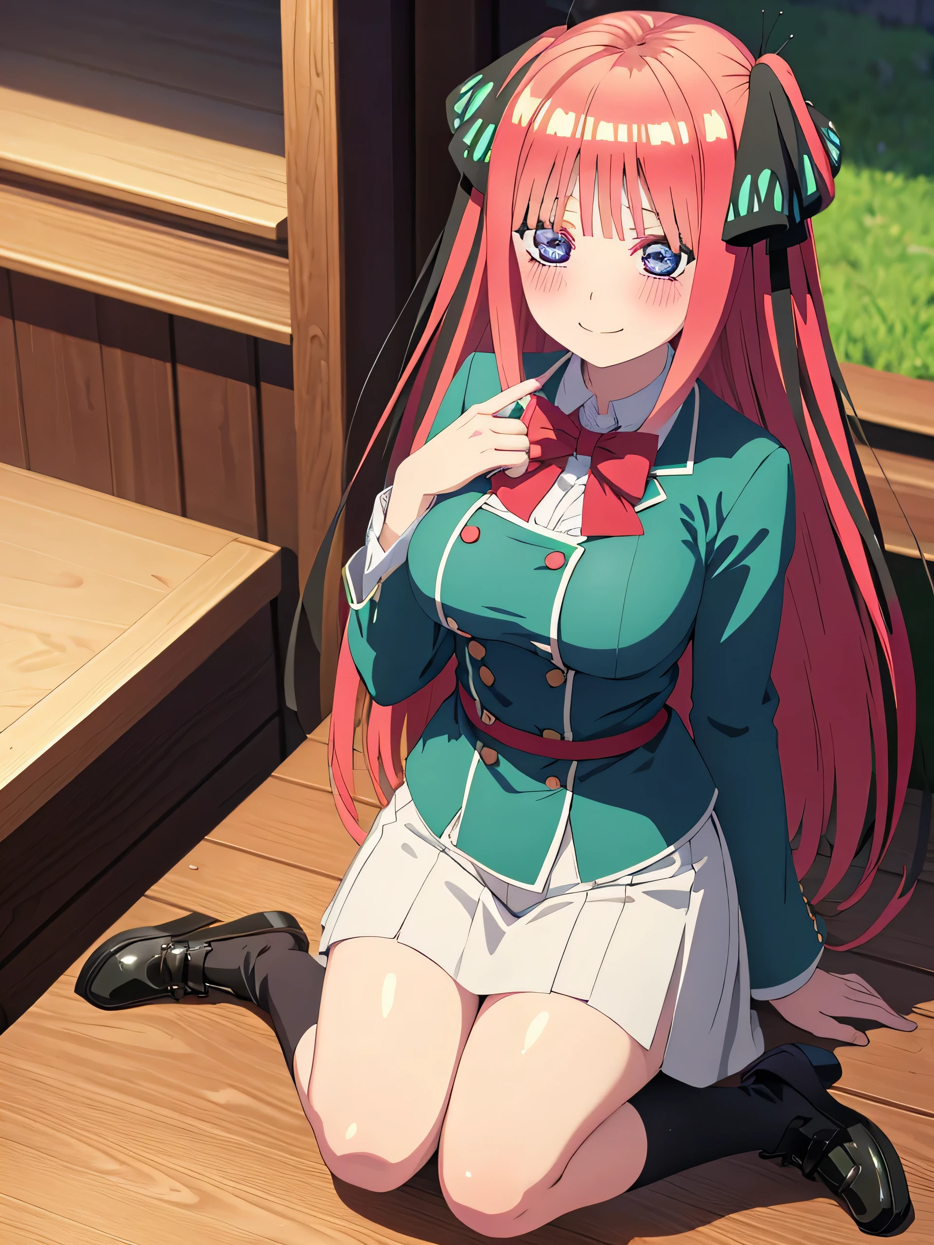 best quality, ultra-detailed masterpiece, anime art style, cute characters, nino nakano, breasts, blush, smile, full body, uniform