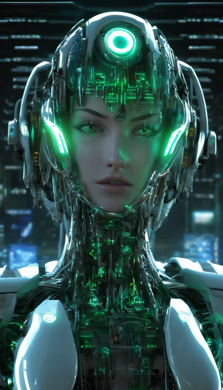 best quality, highres), green-haired girl with long hair, close-up of her face, wearing a white skirt, details of her eyes and face, bright colors, soft lighting, digital illustration, ethereal atmosphere