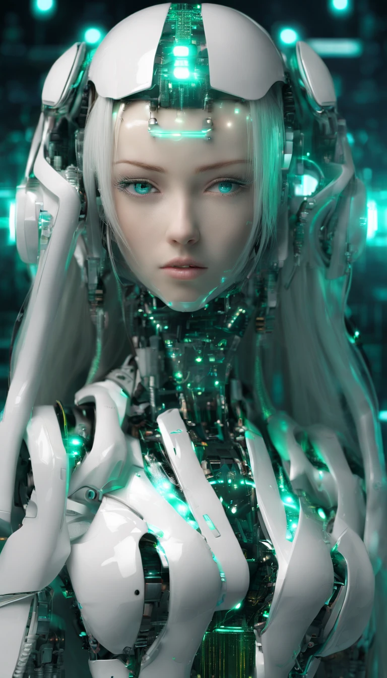 best quality, highres), green-haired girl with long hair, close-up of her face, wearing a white skirt, details of her eyes and face, bright colors, soft lighting, digital illustration, ethereal atmosphere