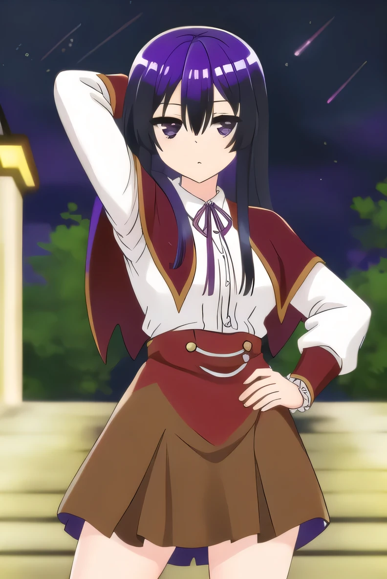 yumiella, 1girl, solo, long_hair, looking_at_viewer, bangs, black_hair, hair_between_eyes, school_uniform, purple_eyes, white_shirt, shiny, collared_shirt, blurry, black_eyes, shiny_hair, red_ribbon, dress_shirt, neck_ribbon, capelet, expressionless, solo, night sky, beach, arm behind head, hand on hip, contrapposto, spread armpits, closed mouth, (cowboy shot:1.5), looking at viewer,