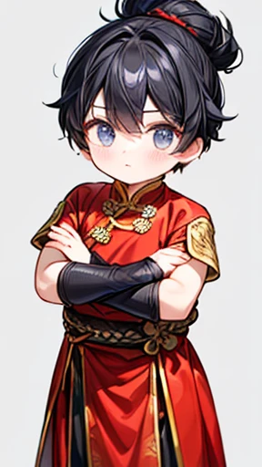 Three Kingdoms、Boy in ancient Chinese costume、Intelligent boy、Looking into the camera、There is a topknot on the head.、Hanfu、Black Hair、Standing and posing with arms crossed