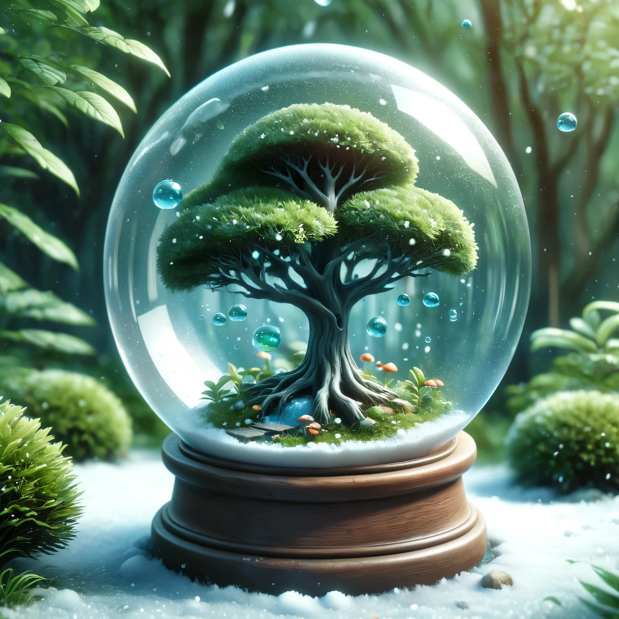 a snow globe with a tree inside of it, rending on cgsociety, stylized vegetation, bubble, unrea 5, mycology, avatar image, 3 dmax, jungle environment, anime still image, prerendered isometric graphics, rpg item render, old 3d graphics, topiary, featured art