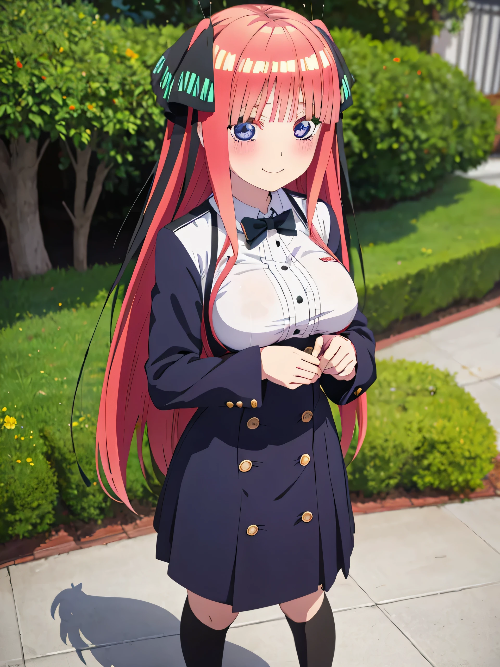 best quality, ultra-detailed masterpiece, anime art style, cute characters, nino nakano, breasts, blush, smile, full body, uniform