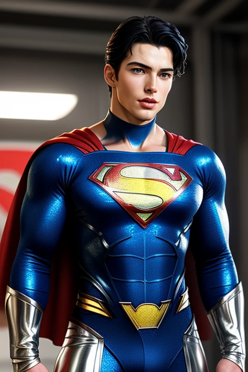 best quality,masterpiece, Warrior, Ultra high detail,A handsome hunky muscular man,, young Superman, wearing white and silver shiny latex spandex