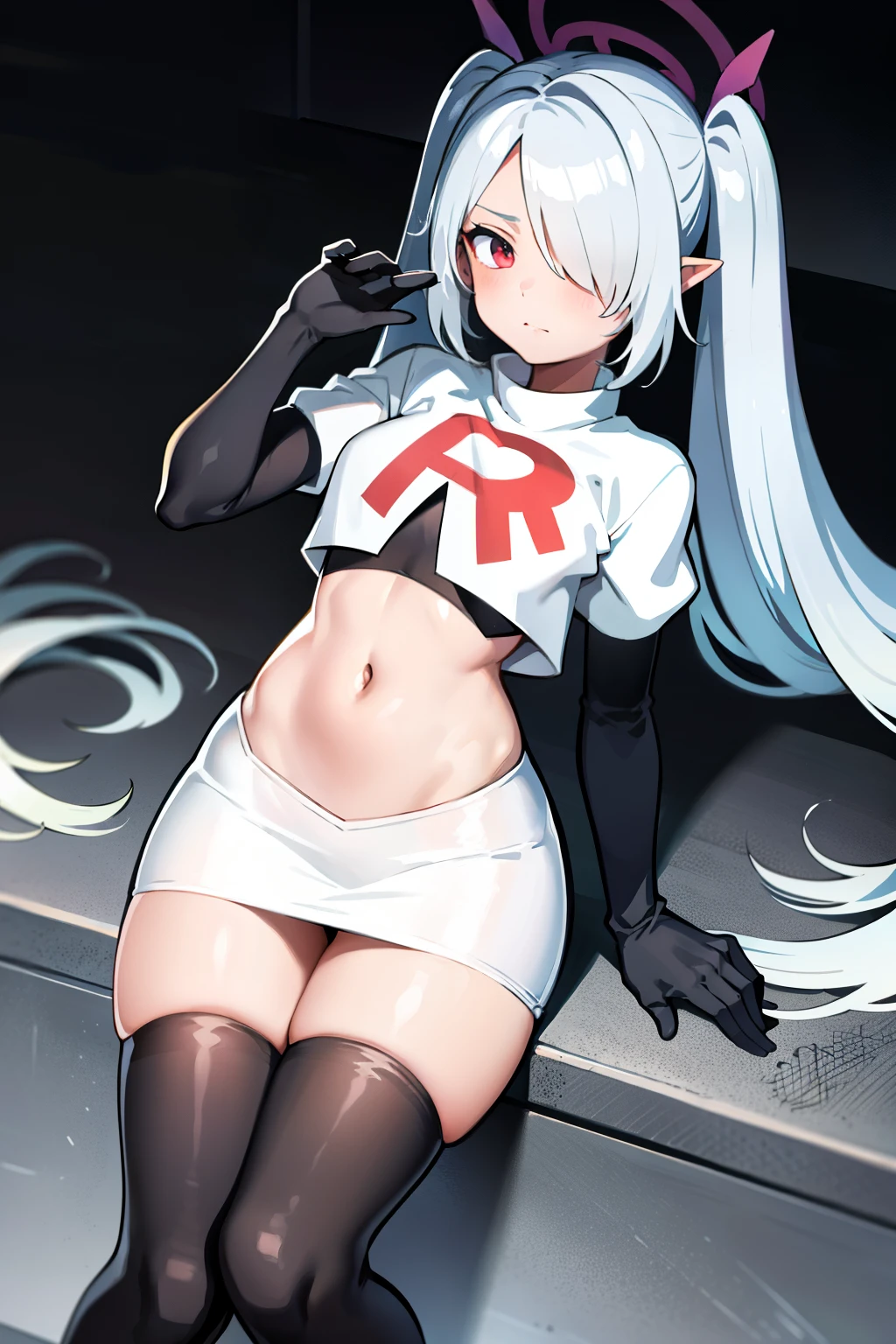 (masterpiece), 1girl, hair over one eye,magical world, shiny steps, beautiful sky, stars, jupiter, ioridef, team rocket,team rocket uniform,white skirt,red letter R,crop top,black thigh-highs,black elbow gloves