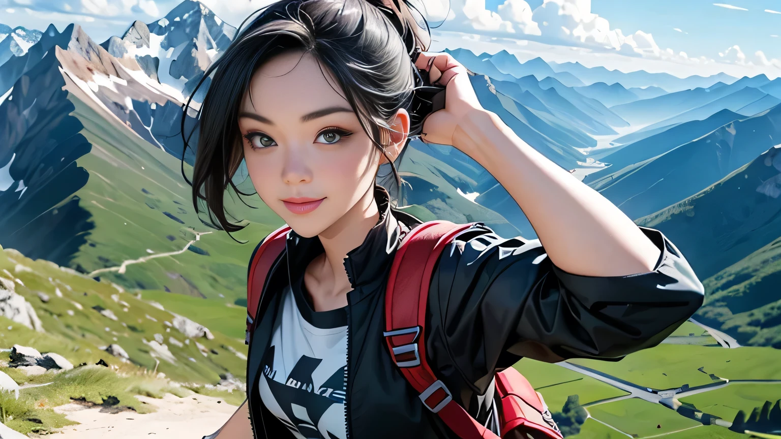 (Masterpiece, Best Quality, 8k Wallpaper, High Resolution, Ultra Real), Solo Girl, Alone, Short Hair, Ponytail, Pretty Woman, Big Eyes, Detailed Nose, Mouth Detail, Alone with Short Hair One person has a ponytail, dark eyes, carrying a large backpack, backpacker, mountaineer, view from the top of the mountain, small hands, green mountain, outerwear and mountain jacket, T-shirt, trekking, smile, self Photography, fisheye lens