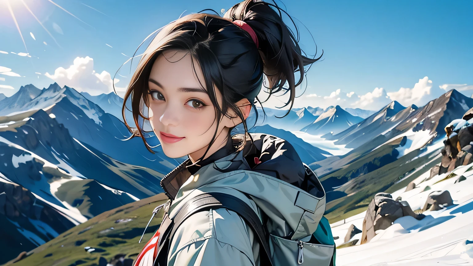 (Masterpiece, Best Quality, 8k Wallpaper, High Resolution, Ultra Real), Solo Girl, Alone, Short Hair, Ponytail, Pretty Woman, Big Eyes, Detailed Nose, Mouth Detail, Alone with Short Hair One person has a ponytail, dark eyes, carrying a large backpack, backpacker, mountaineer, view from the top of the mountain, small hands, green mountain, outerwear and mountain jacket, T-shirt, trekking, smile, self Photography, fisheye lens