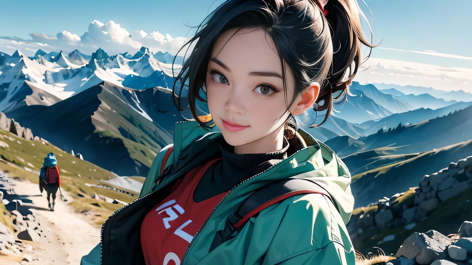 (Masterpiece, Best Quality, 8k Wallpaper, High Resolution, Ultra Real), Solo Girl, Alone, Short Hair, Ponytail, Pretty Woman, Big Eyes, Detailed Nose, Mouth Detail, Alone with Short Hair One person has a ponytail, dark eyes, carrying a large backpack, backpacker, mountaineer, view from the top of the mountain, small hands, green mountain, outerwear and mountain jacket, T-shirt, trekking, smile, self Photography, fisheye lens