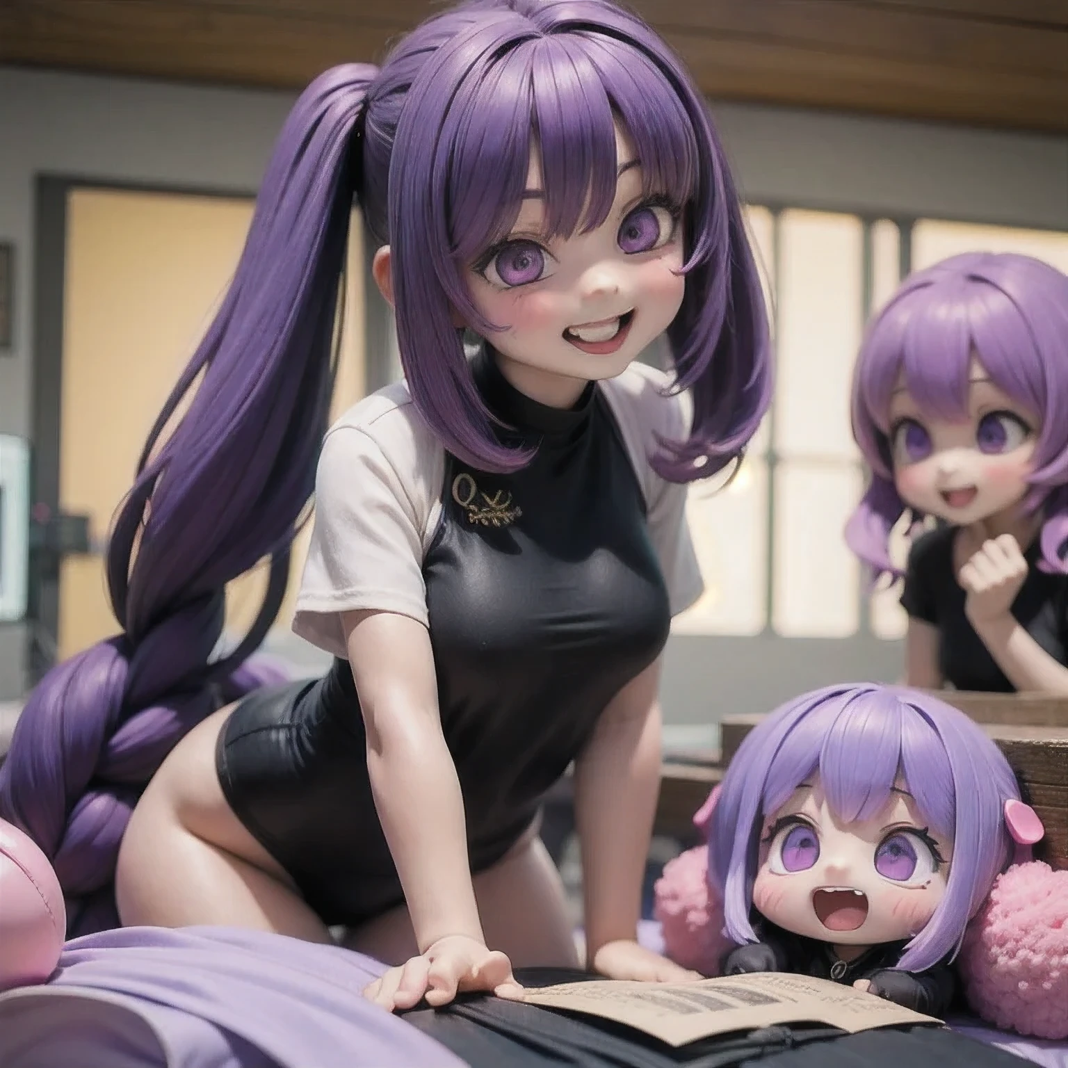 arafed 2 girls with purple hair and a white shirt, long braided purple hair, violet long hair, elegant fantasy style braids, pigtails hairstyle, long light purple hair, long purple hair, purple long hair, long violet hair, purple flowing hair, lavender hair, purple hair, violet hair, lilac hair, flowing purple hair, kawaii hairstyle, purple color,(((2 girls))), solo,araffe 2 girls with long hair and a black top smiling, her face flushing and sweat, she is smiling and excited, staring sofía vergara screaming, she expressing joy, looks a blend of grimes, she is laughing, hito steyerl, so happy that her face hurts, looks like a mix of grimes, she is smiling and happy