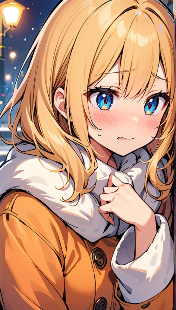 A girl wearing a fuzzy woolen coat in winter, blushing , shy, awkward, nervous. A fuzzy orange coat.