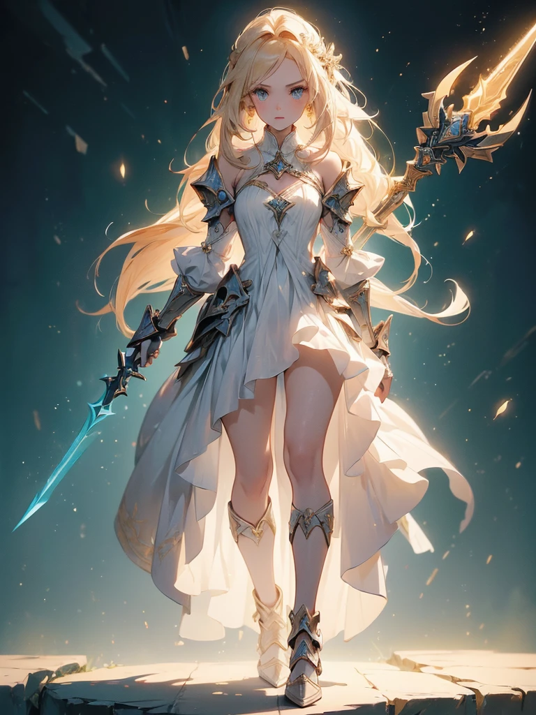Design a layout showcase Gaming character, (1girl). Golden+Purle clothes, stylish and unique, ((showcase weapon:1.4)), magic staff, (masterpiece:1.2), (best quality), 4k, ultra-detailed, (Step by step design, layout art:1.5), (luminous lighting, atmospheric lighting), magican, ((glove full hands)), (((revealing clothes:1.3))), vambraces, armored legwear, (((full_body_shot:1.4)))