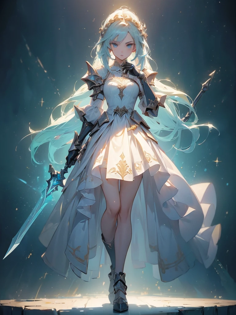 Design a layout showcase Gaming character, (1girl). Golden+Purle clothes, stylish and unique, ((showcase weapon:1.4)), magic staff, (masterpiece:1.2), (best quality), 4k, ultra-detailed, (Step by step design, layout art:1.5), (luminous lighting, atmospheric lighting), magican, ((glove full hands)), (((revealing clothes:1.3))), vambraces, armored legwear, (((full_body_shot:1.4)))