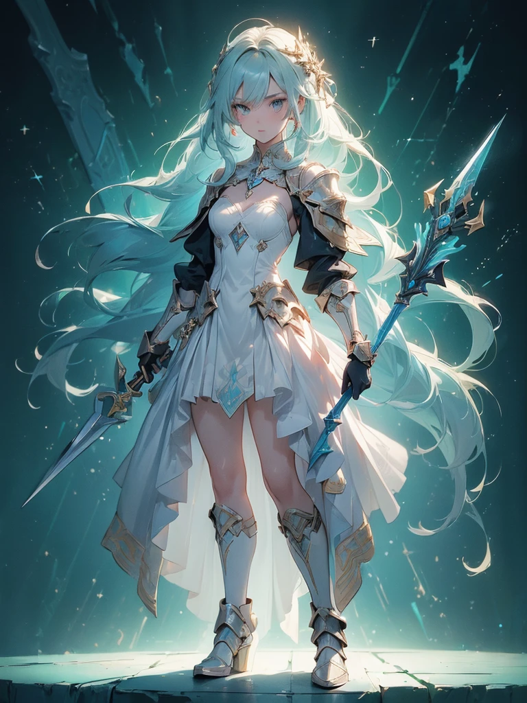 Design a layout showcase Gaming character, (1girl). Golden+Purle clothes, stylish and unique, ((showcase weapon:1.4)), magic staff, (masterpiece:1.2), (best quality), 4k, ultra-detailed, (Step by step design, layout art:1.5), (luminous lighting, atmospheric lighting), magican, ((glove full hands)), (((revealing clothes:1.3))), vambraces, armored legwear, (((full_body_shot:1.4)))