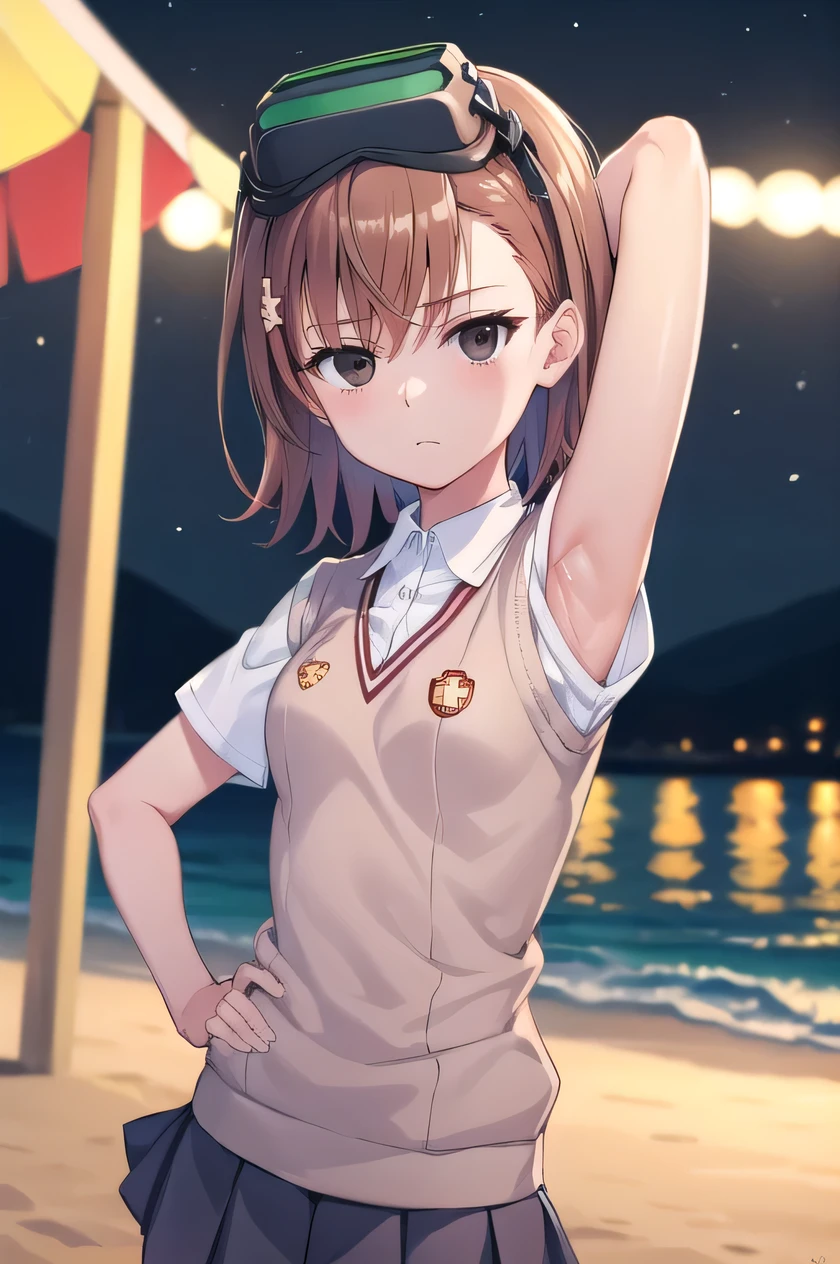 cover, short hair, brown hair, black eyes, empty eyes, goggles, goggles on head, head-mounted display, , sweater vest, shirt, skirt, white shirt, pleated skirt, v-neck, short sleeves, tokiwadai , misaka imouto, solo, night sky, beach, arm behind head, hand on hip, contrapposto, spread armpits, closed mouth, upper body, looking at viewer,