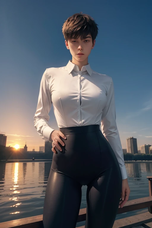 A Russian young man having long legs, thick thighs, large hips, thin and narrow weist, big large feminine body, long legs, thick thighs, large wide hips, very small spikey boyish haircut, wearing formal shirt and leggings, penis growing in his leggings, river, sunset, man, man, man small beard, man,Russian man