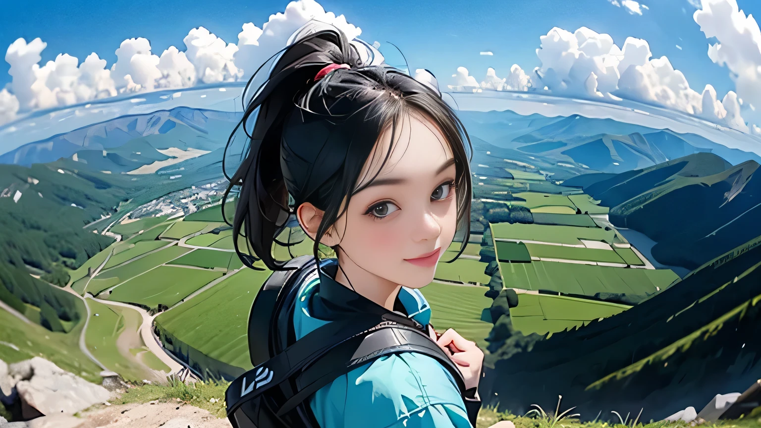 (Masterpiece, Best Quality, 8k Wallpaper, High Resolution, Ultra Real), Solo Girl, Alone, Short Hair, Ponytail, Pretty Woman, Big Eyes, Detailed Nose, Mouth Detail, Alone with Short Hair One person has a ponytail, dark eyes, carrying a large backpack, backpacker, mountaineer, view from the top of the mountain, small hands, green mountain, outerwear and mountain jacket, T-shirt, trekking, smile, self Photography, fisheye lens