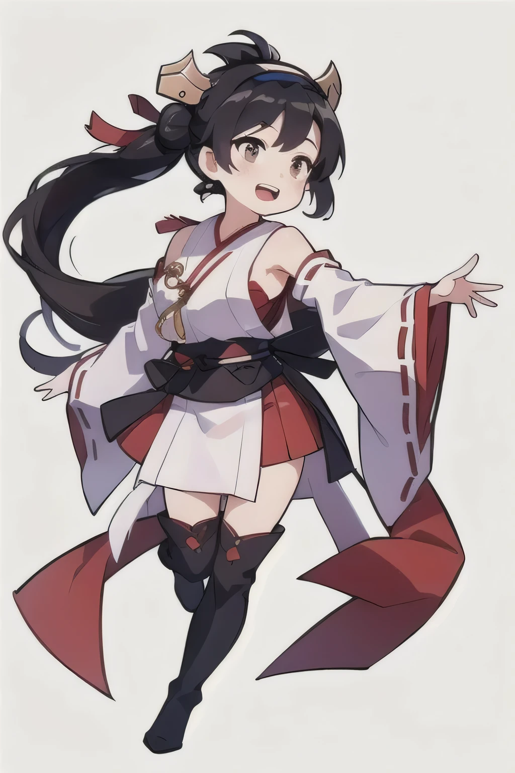 concept art, original character Design, Q version characters, 1 Girl, Solitary, long hair, Plum blossom decoration, Red Cliff, High Leg Raise, open mouth, nontraDitional miko, hairbanD, Ahog, Smile, DetacheD sleeves, Chinese clothes, thigh boots, Brown eyes, skirt, boots, Hair Bun, Ribbon trim, Double bun, Absolutely great opportunity, ribbon-trimmeD sleeves, :D, simple backgrounD, Hair accessories, heaDgear, white backgrounD, outstretcheD arm, bare shoulDers