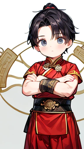 Three Kingdoms、Boy in ancient Chinese costume、Intelligent boy、Looking into the camera、There is a topknot on the head.、Hanfu、Black Hair、Standing and posing with arms crossed