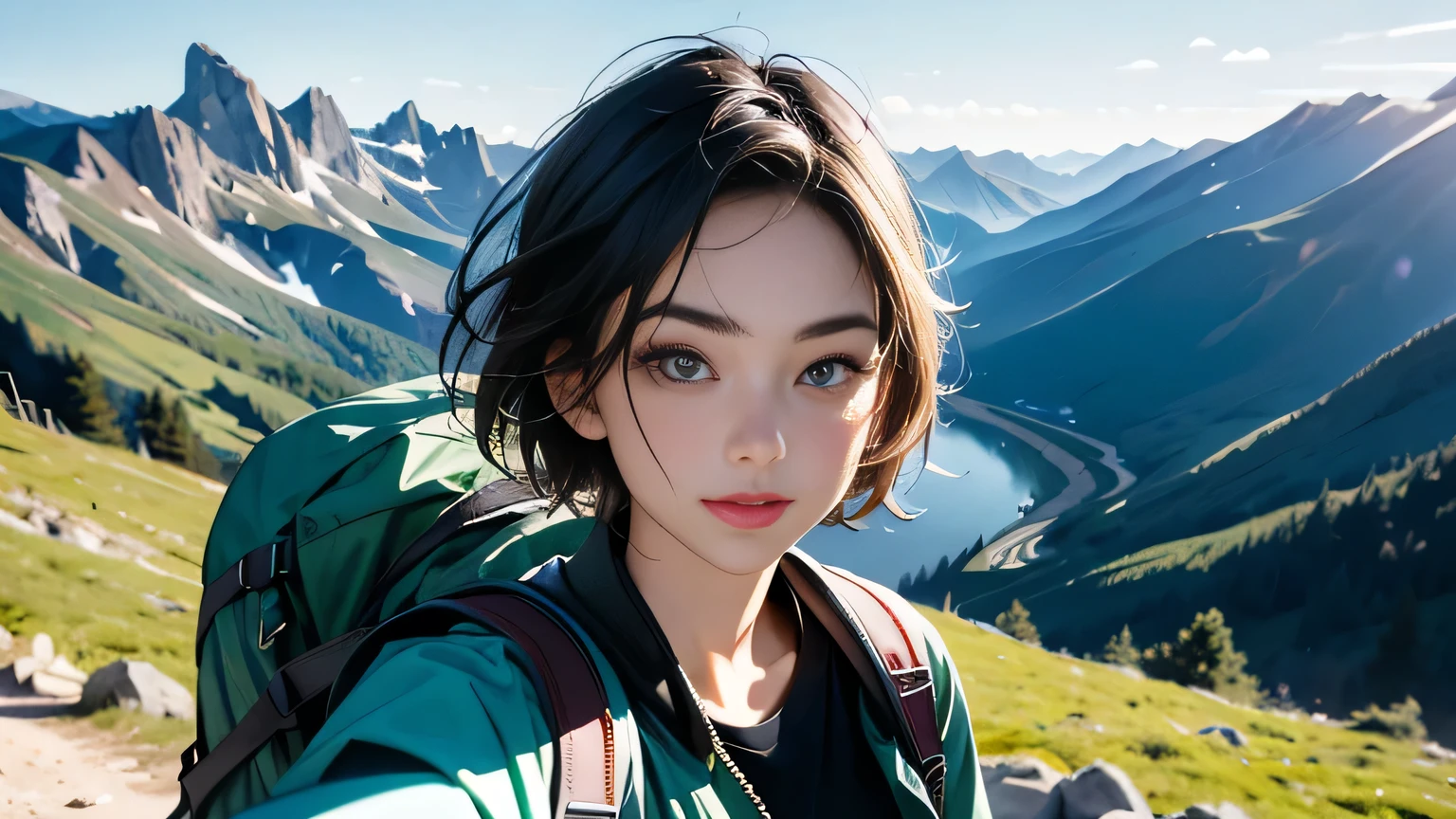 (Masterpiece, Top quality, 8k wallpaper, High resolution, Ultra realistic), Solo girl, Alone, Short hair, Pretty woman, Big eyes, Detailed nose, Mouth detail, , Dark eyes, Carrying a large backpack backpacker, mountaineer, view from the top of the mountain, fine hands, green mountain, mountain jacket on outerwear, T-shirt, trekking, smile, selfie,