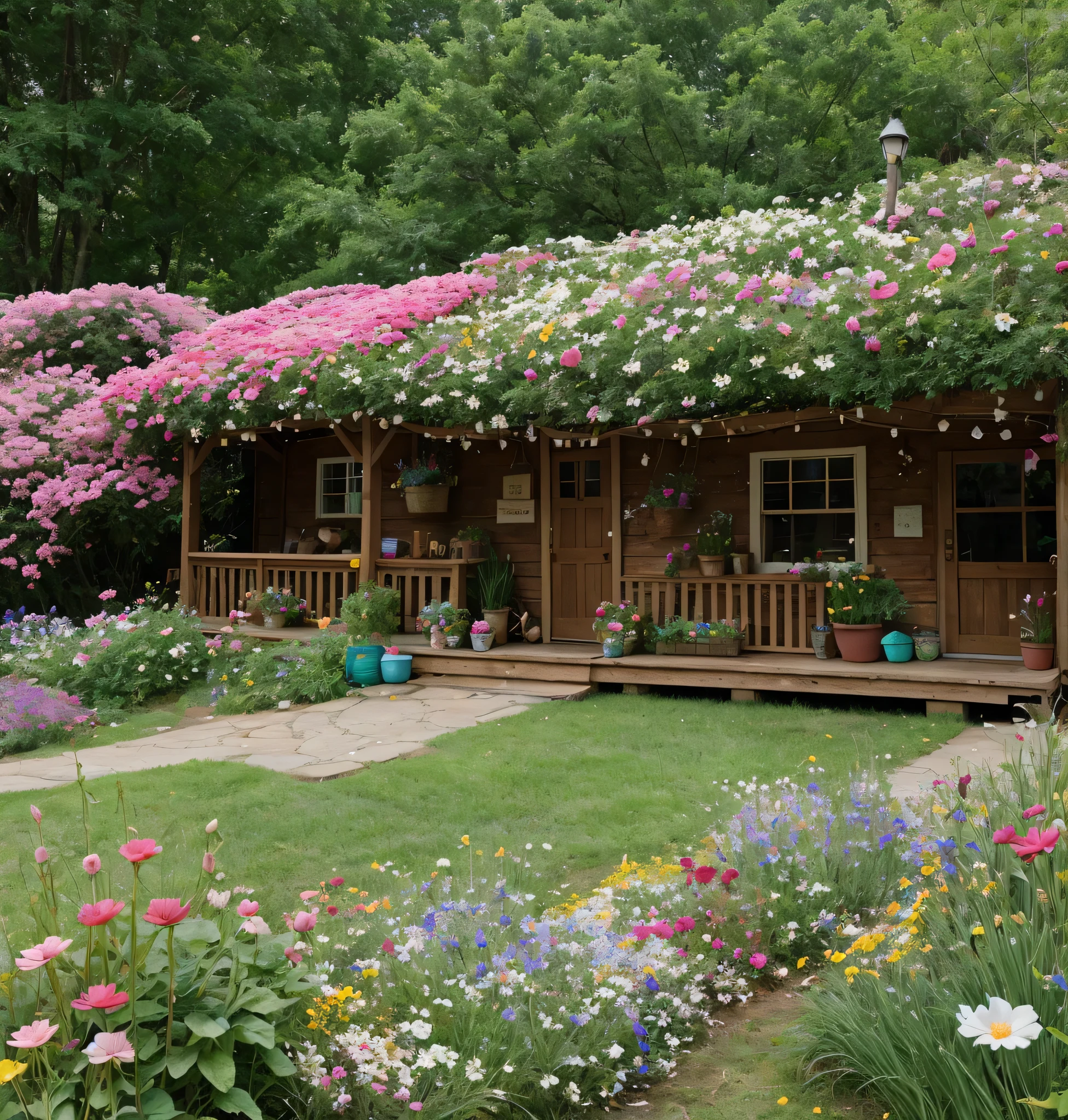 Hidden valley with petal-covered houses, fae folk festivities, channeling whimsical 1girl, vibes.