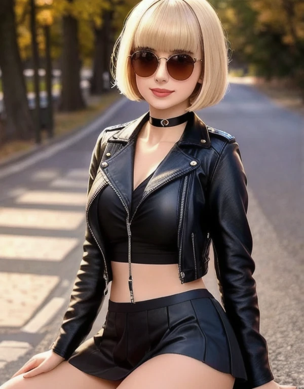 4K, masterpiece, High resolution, Absurd,Natural volumetric lighting and great shadows, The depth of the written world, Sharp focus, smile,A soft, delicate, beautiful and attractive face,
Blonde Nadia with sunglasses and a choker, leather jacket, mini skirt,Lips parted, smile,
Bob cut with edges_Hairstyle posing in the photo, Blunt bangs,
Cowboy Shot, Cute way to sit,