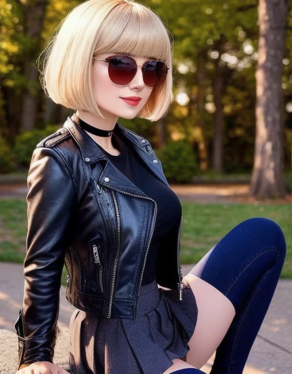 4K, masterpiece, High resolution, Absurd,Natural volumetric lighting and great shadows, The depth of the written world, Sharp focus, smile,A soft, delicate, beautiful and attractive face,
Blonde Nadia with sunglasses and a choker, leather jacket, mini skirt,Lips parted, smile,
Bob cut with edges_Hairstyle posing in the photo, Blunt bangs,
Cowboy Shot, Cute way to sit,