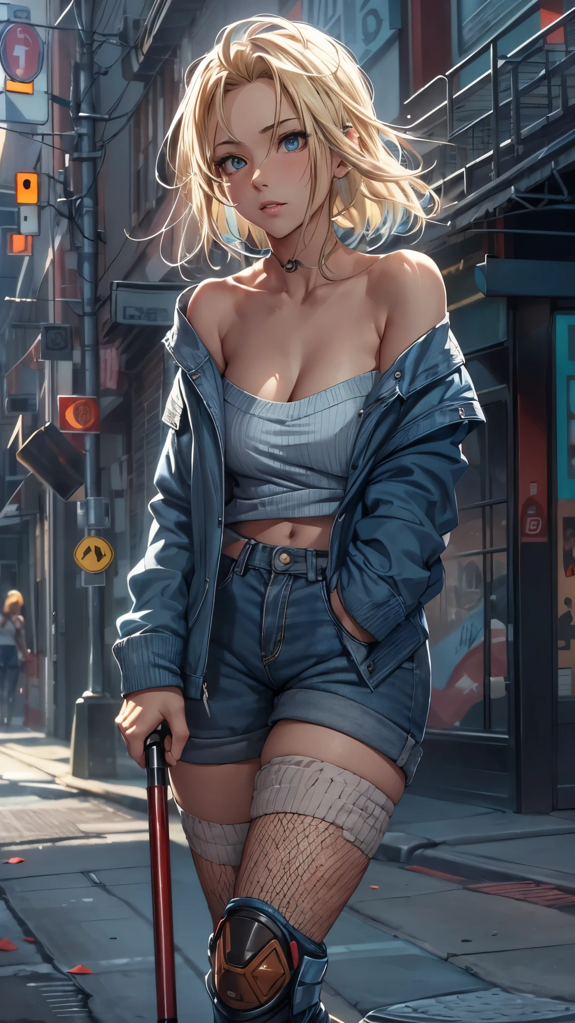(Super detailed, realistic), streets scene, [Moderately:Oil], [Professional:1.1], [Physically based rendering], [bright colors], [sharp focus], [studio lighting], [extreme details], [highest quality,4k,8K,High resolution,masterpiece:1.2],(detailed face),outside the streets,((One 18-year-old woman)),(short blonde hair mixed  blue color),(dark), [nervous eyes],(casual ladies fashion,off shoulder,denim shorts,fishnet pantyhose,socks,snikers),(gloves,knee pads),((she walks on crutches,the crutches’s length are from armpit,the crutches are putting on her side))