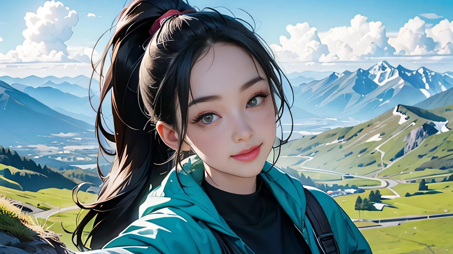 (Masterpiece, Top Quality, 8k Wallpaper, High Resolution, Hyper Realistic), Solo Girl, Alone, Ponytail, Pretty, Big Eyes, Detailed Nose, Mouth Detail, , Dark Eyes, Carrying a Big Backpack backpacker, mountaineer, view from the top of the mountain, fine hands, green mountain, mountain jacket on outerwear, T-shirt, trekking, smile, selfie,