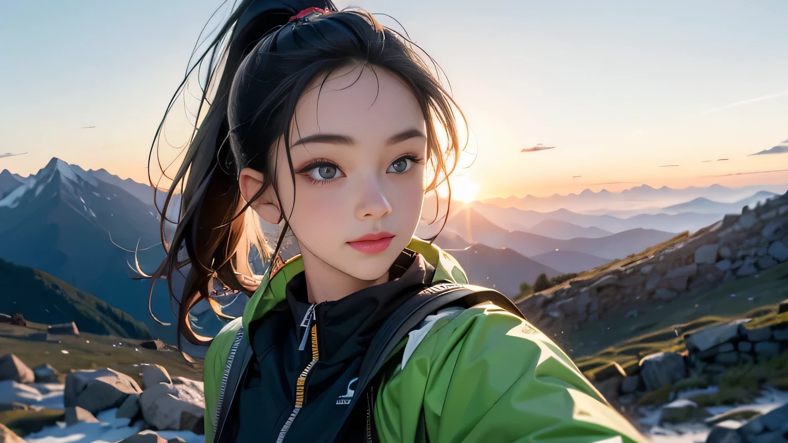 (Masterpiece, Top Quality, 8k Wallpaper, High Resolution, Hyper Realistic), Solo Girl, Alone, Ponytail, Pretty, Big Eyes, Detailed Nose, Mouth Detail, , Dark Eyes, Carrying a Big Backpack backpacker, mountaineer, view from the top of the mountain, fine hands, green mountain, mountain jacket on outerwear, T-shirt, trekking, smile, selfie,