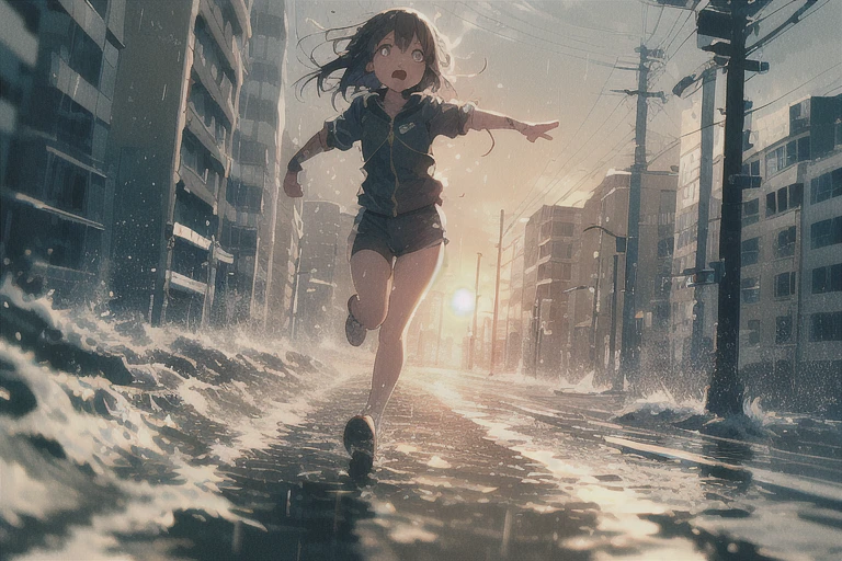 (On the street:1.5),rain,(One girl run:1.2), Dynamic Side Lighting,sunset,Perfect lighting,Dynamic pose,Dynamic Angle, (One girl), Focus Only,