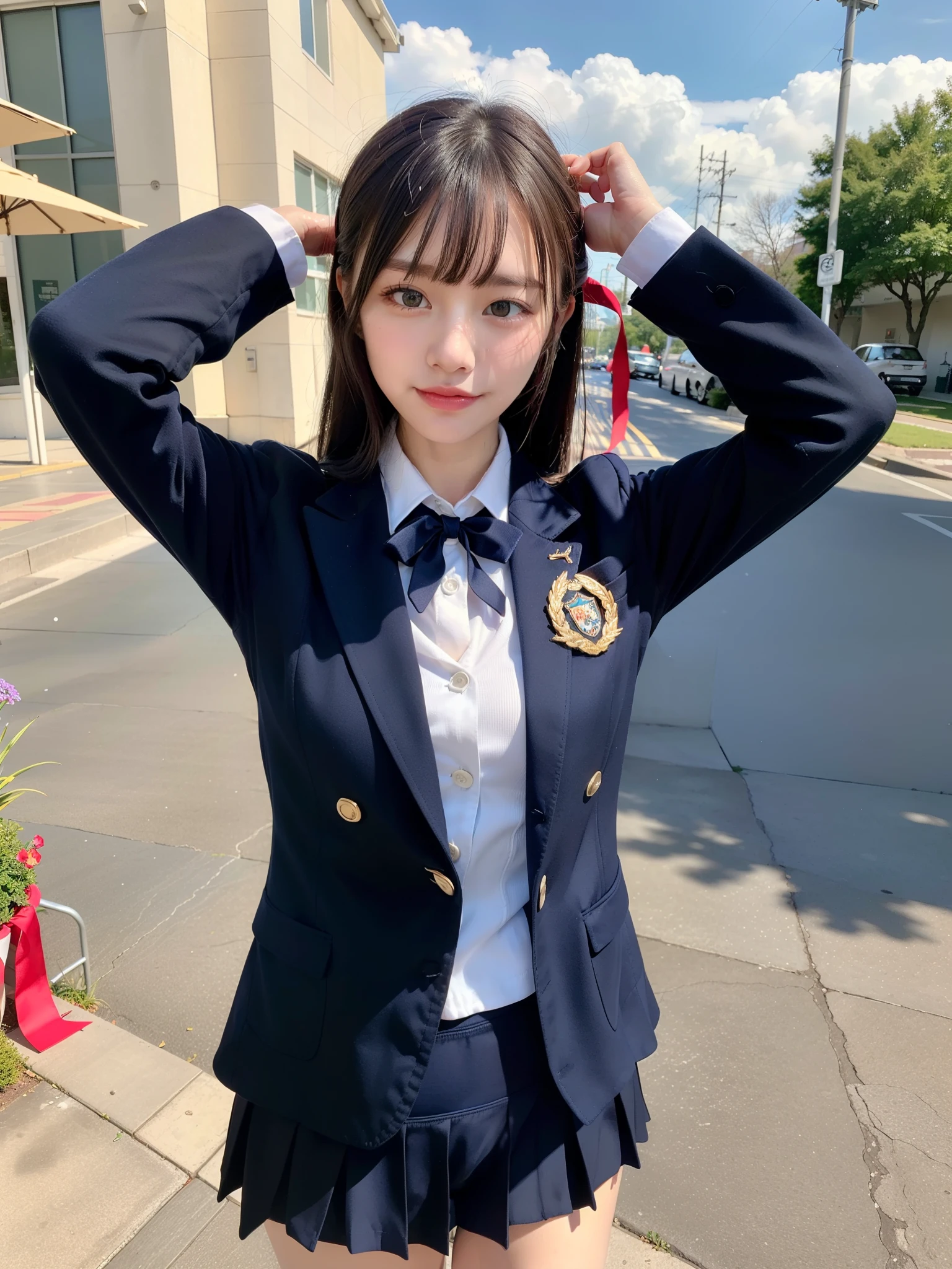 ((Best of the highest quality, 8k, Masterpiece, raw photo: 1.3)), Sharp focus: 1.2, (1 AESPA, slim body type female, 21 y/o: 1.1), (Solo: 1.2), (realistic, photo-realistic:1.37), face focus, cute face, finely eyes, side lighting, using reflectors, (small breasts, flat chest, Thigh: 1.3), (short messy hair, bangs: 1.28), (wearing navy blazer school uniform, panties: 1.32), (ribbon: 1.2), walking terrace dining, sun light, flower, (arms up: 1.1)