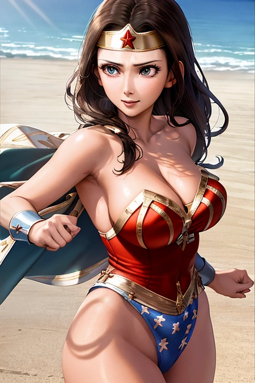 masterpiece, best quality, beautiful art, high resolution, well formed hands, body and fingers, 1 woman, solo, wonder woman Lynda Carter,  tiara ,adult, big breasted, cleavage, full body, sexy and skimpy outfit , gorgeous legs and thighs , she is fighting in a combat match, showing her fighting skills, making her guard, about to hit the viewer, looking at the viewer, sweating, bouncing breasts, smiling joyfully and brightly, being confident and proud, action and fighting scene, martial arts tournament with beach environment 