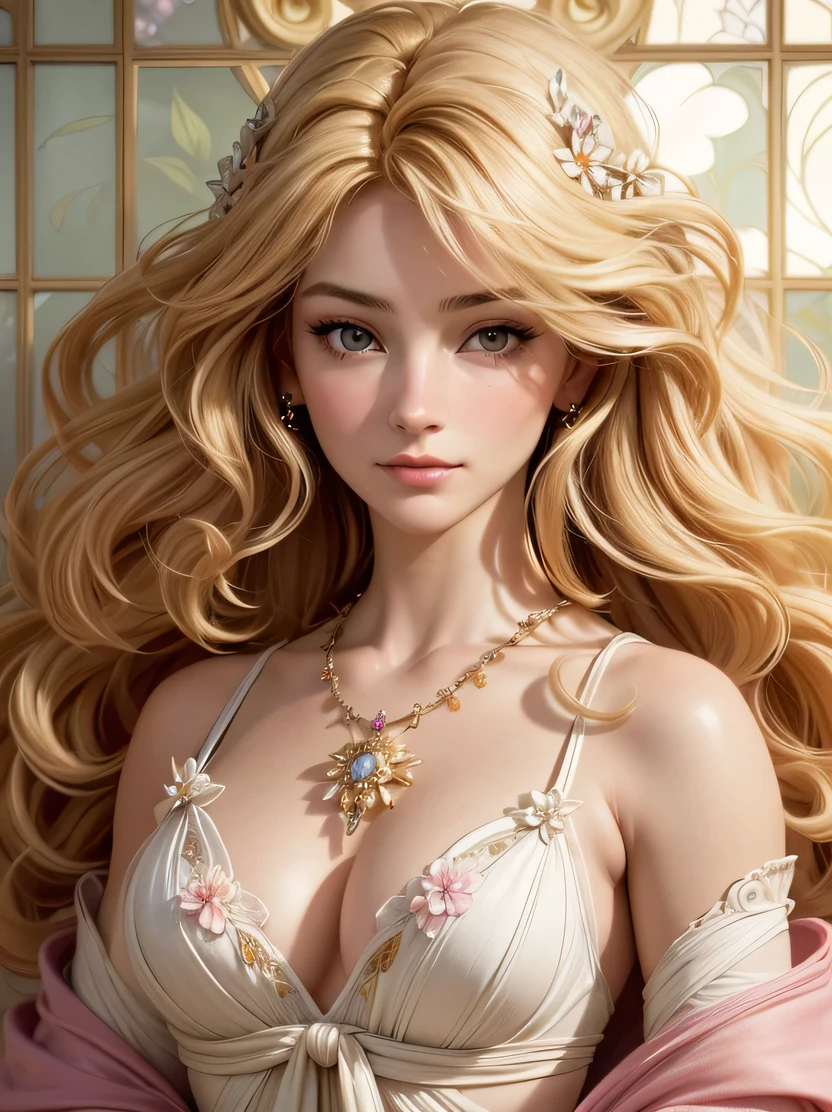 ((masterpiece、highest quality、Very detailed、High resolution、Photorealistic、Sharp focus、Cinema Lighting))、((One Woman、Mid Shot、Focus on the chest up、Face Light))、High contrast、European woman face portrait、In underwear、Long Curly Hair、blonde、Floral frame、Decorative panel、Abstract art、Alphonse Mucha、Color Splash