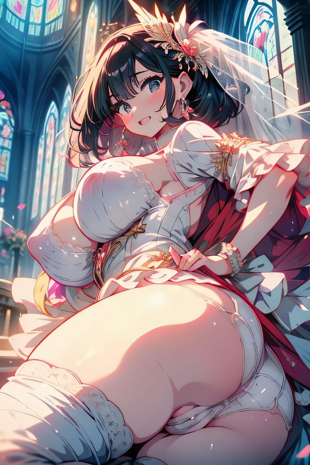Erotic Anime Illustration、Anime Style、highest quality、Voluptuous bride shows off her vagina、Perfect proportions、smile、Chapel、Stained glass、Wedding dress、Sex Appeal、Very large breasts、Fatty legs、Exposing erect nipples、Big Ass