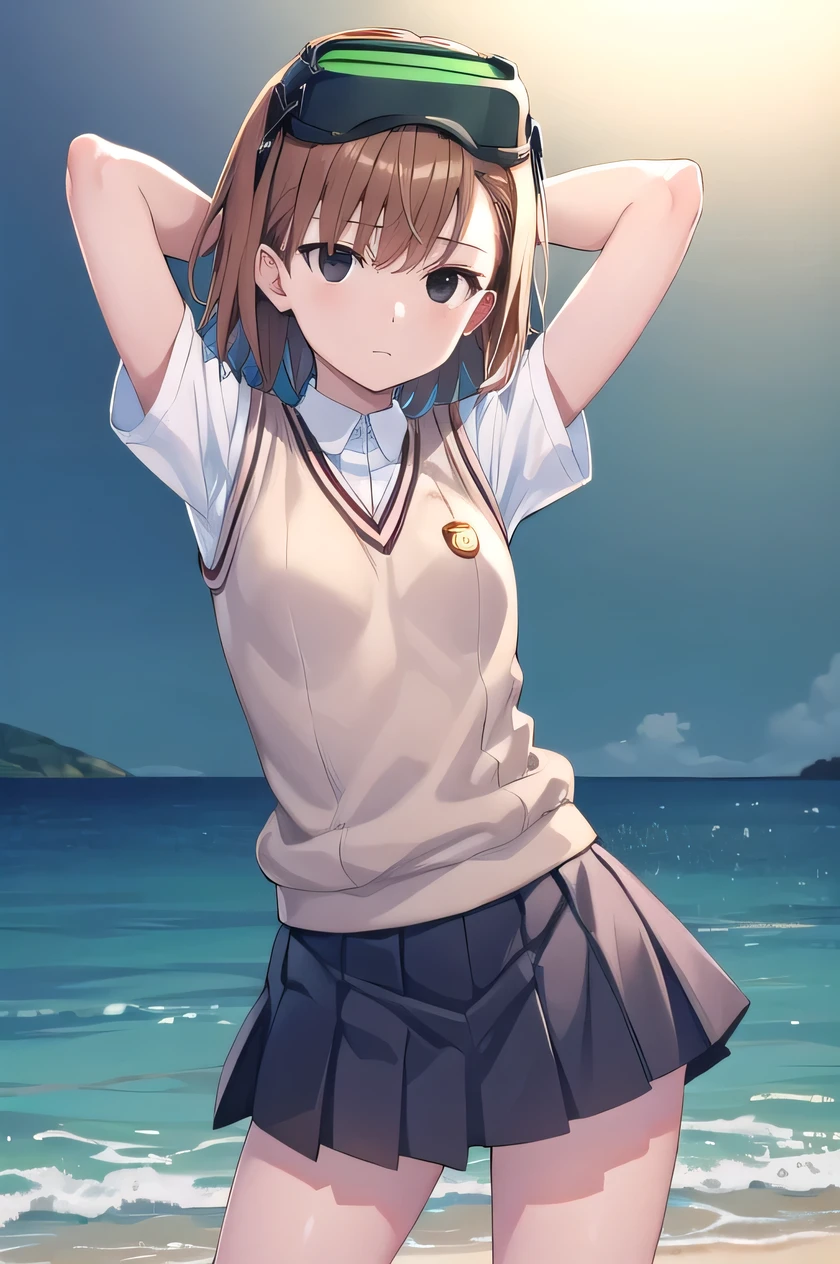 short hair, brown hair, black eyes, empty eyes, goggles, goggles on head, head-mounted display, , sweater vest, shirt, skirt, white shirt, pleated skirt, v-neck, short sleeves, tokiwadai , misaka imouto,  solo, night sky, beach, arms behind head, contrapposto, spread armpits, closed mouth, (cowboy shot:1.5), looking at viewer, shaking hips,