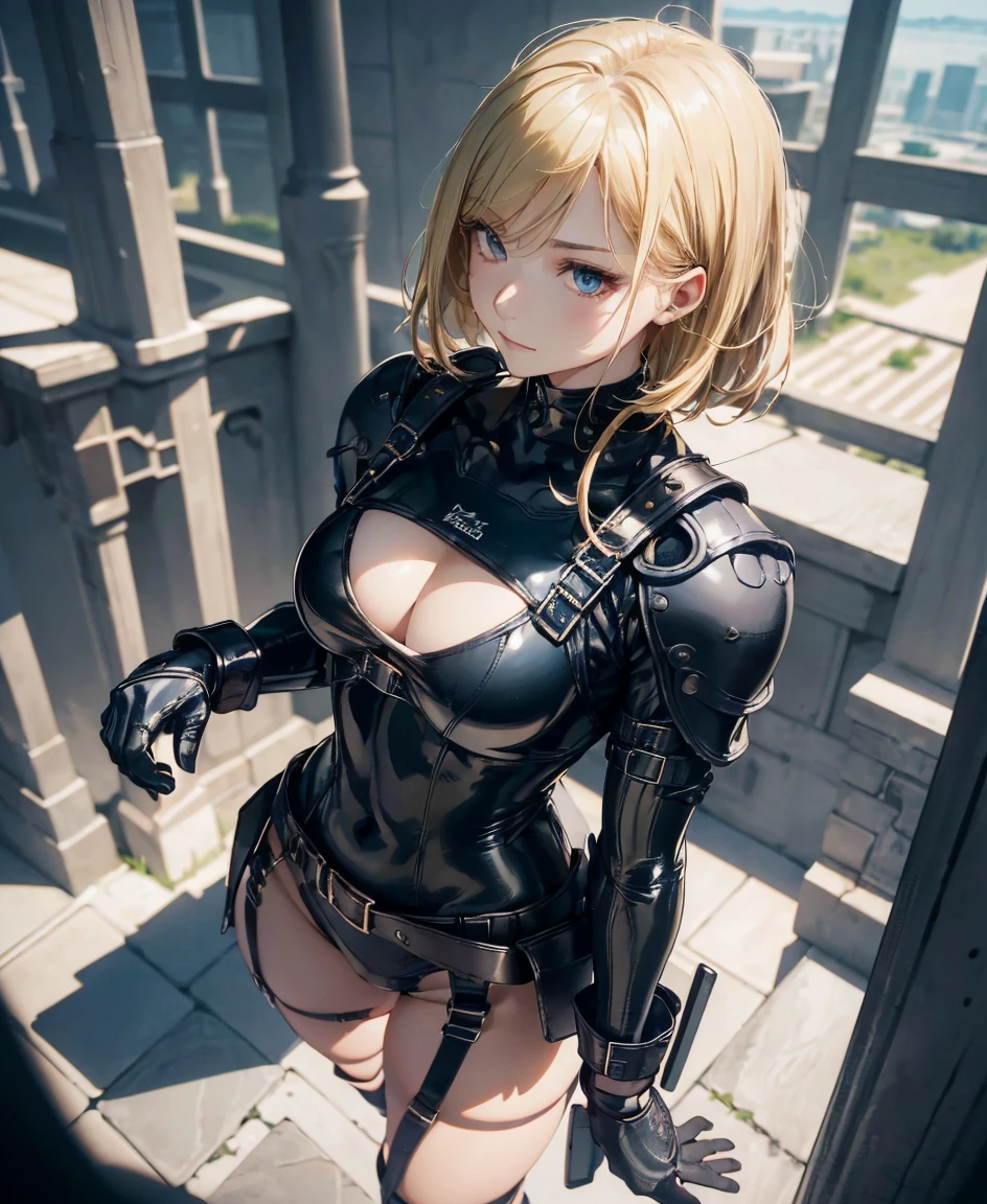 (highest quality,4K,8k,High resolution,masterpiece:1.2),Super detailed,(Realistic,photoRealistic,photo-Realistic:1.37), A Japanese female fighter with a slim build and small face, cute, 1 girl, 18-year-old, ひざまずくPause, Super short black hair, A tight-fitting combat suit in shiny black with a patent leather finish, Tight suit, gloves, Steel City Background, Night lighting, Super detailed, Explicit, Beautiful body, Beautiful Nose, Beautiful character design, Perfect Eyes, Perfect Face, 超High resolution, 4k, Beautiful feet, Perfect Legs, Nice hands, Perfect hands, masterpiece, highest quality, Very detailed, figure, Disorganized, Street Fighter, Doll Suit, Shadaloo Doll, doll suit, Expressionless, Hollow Eyes, Watching the audience, 赤いgloves, Emotionless, black latex, corruption, Mind control, Female Combatant, Full Body, hypnotismにかかった, Unfortunate trance, Full Body suit, Ribbed bodysuit, Arms at your sides, follow, Perfect female body, extremely glossy latex, hypnotism, Hypno Lola, Empty Eyes, Mind control装置, Pauses, Obedient_Pause, Slave, Have, tie, Are standing, Are standing up straight, 注意してAre standing, Have, yellow tie, belt, latex, Ribbed bodysuit, Knee socks, garter belt, Combat Ready, Extend your right arm from your shoulder and reach your hand out into the air., army, Thigh Boots, alone, Classroom of the Elite, ichinose honami, Pink blonde hair, blue eyes, Long Hair, Large Breasts, Wicked Smile, With an evil smile, ((Looking from above)), (masterpiece、highest quality、最High resolution、clear_image、Detailed explanation、(Looking from above)): (Full body portrait、One 20 year old girl、The Face of Japan、Small face、thin、Navy blue super short bob cut hair、(Hidden Small:1.3)、輝くblue eyes、Blue and black shiny pilot suit、Armor to protect the chest、Tight fitting clothes、Clothing that covers the entire body、Shiny clothes、Tight Fit Pants、Hide your skin、Very delicate and beautiful、Detailed skin、hide thighs、Hide your ass、cuteタイプ、A kind smile、Soft look、heroine、headset、Knee-high boots、肘までのgloves、Eye-level shot、Facing forward、Woman on a spaceship), cute座り方,